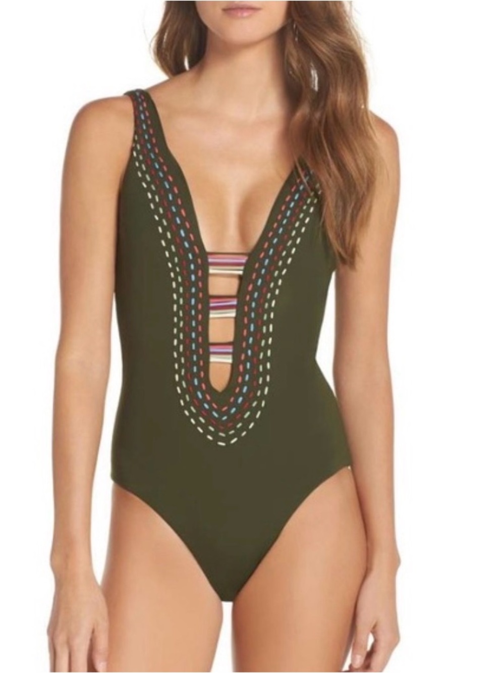 BECCA Virtue Olive Deep V One-Piece Swimsuit with Strappy Detail